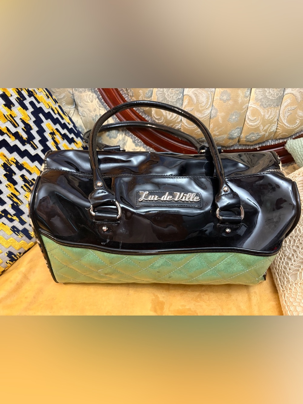 Lux de Ville Black Patent and Green Quilted Satchel